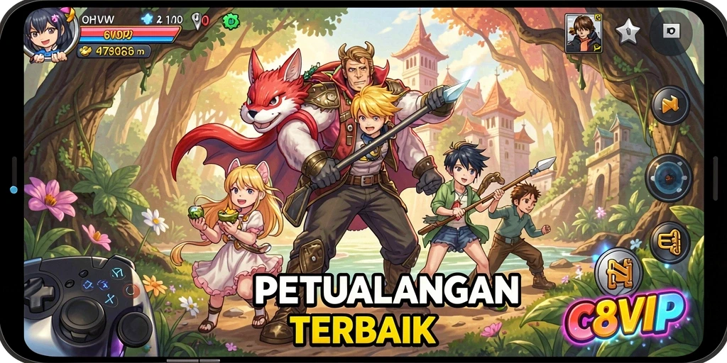 Tampilan gameplay C8VIP yang menampilkan aksi karakter anime.