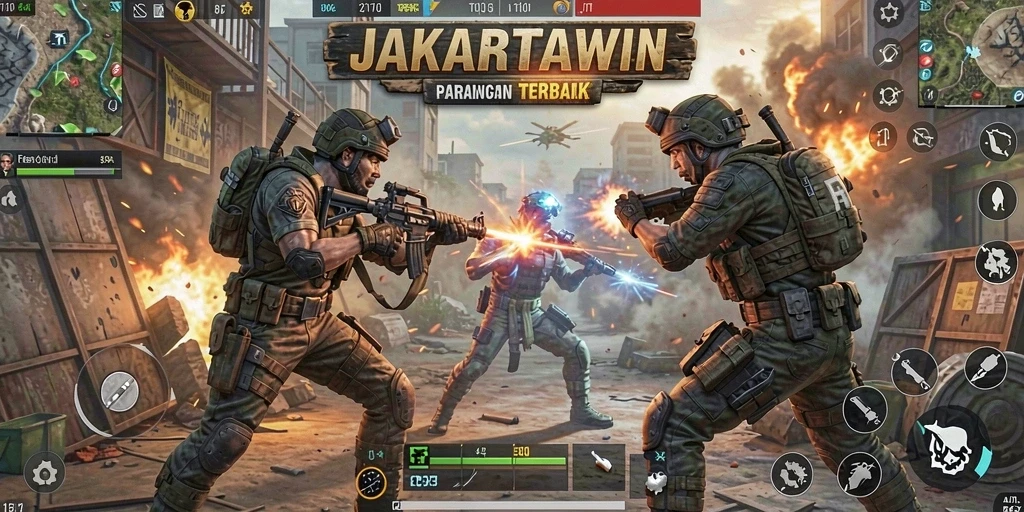 Tampilan screenshot dari gameplay <strong>JAKARTAWIN</strong> dalam suasana pertempuran Battle Royale.