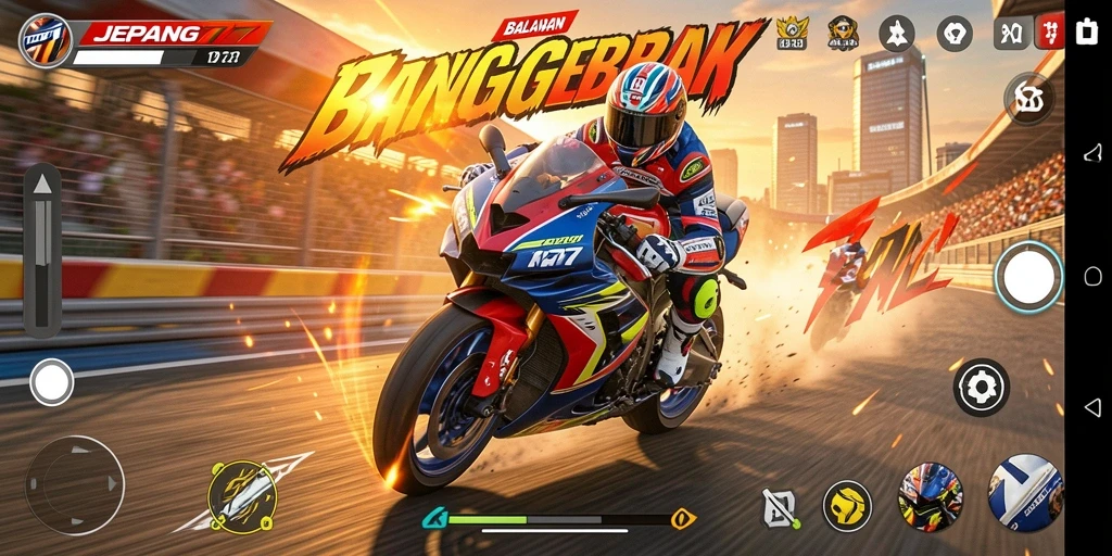 Tampilan gameplay JEPANG77 dengan aksi balapan motor yang intens.