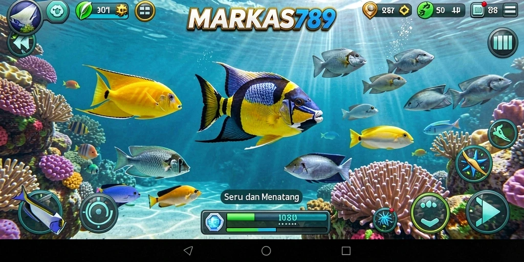 Screenshot gameplay MARKAS789 yang menunjukkan aksi menembak ikan.