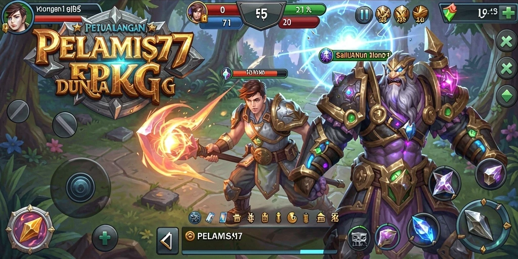 Tampilan dinamis gameplay PELAMIS77 dengan karakter beraksi.