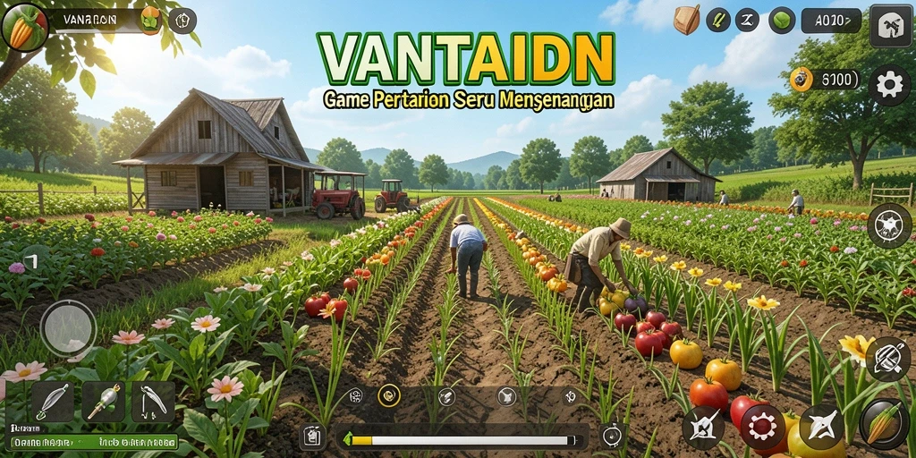 Screenshot gameplay <strong>VANTAIDN</strong> menampilkan kebun yang subur dan aktifitas bertani.